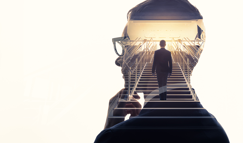 Double exposure of a businessman and stairs. Success of business concept. Double exposure of a businessman and stairs. Success of business concept.